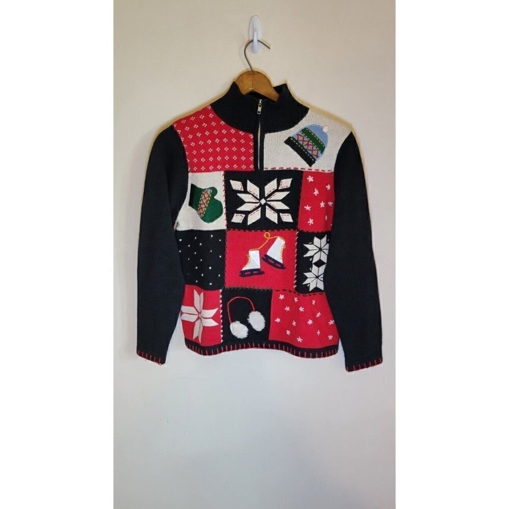 All Points Black Christmas Holiday Skating Sweater Size M Womens